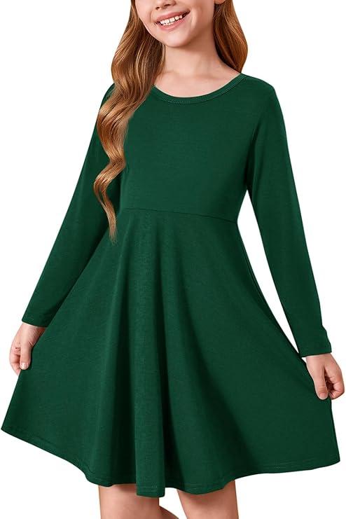 Haloumoning Girls Long Sleeve T-Shirt Dresses Kids Fall A-Line Twirly Skater Dresses 5-14 Years , Size -140, Dark Green