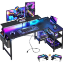 ODK 48 Inch Gaming Desk with USB Charging Ports and LED Lights, Reversible L Shaped Computer Desk with Storage Shelves & Monitor Stand, Corner Gamer Desk Table with Power Outlets, Black