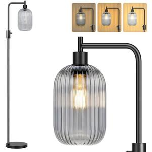 【Upgraded】 Dimmable Glass Floor Lamp for Living Room, Modern Black Standing Lamp with Green Ribbed Gray Lampshade & Knob Dimmer, Arc Tall Lamp for Bedroom Office Reading Room, 2700K Led Bulb Included