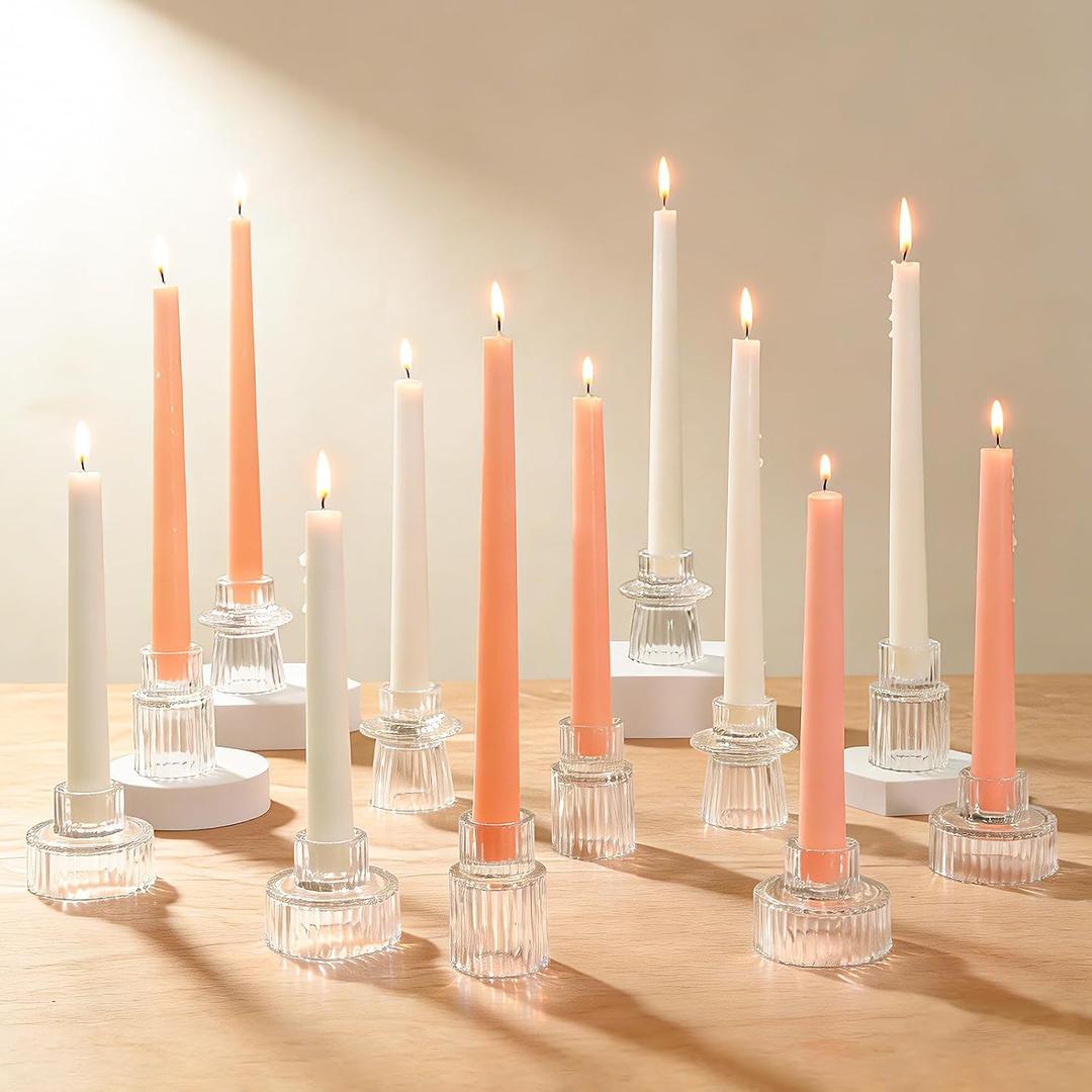 Vintage Ribbed Clear Glass Candle Holders Set of 12, 3 Assorted Sizes for Pillar, Tealight & Votive Holders, Elegant Glass Candlestick Holders for Table Centerpiece Wedding Christmas Decor