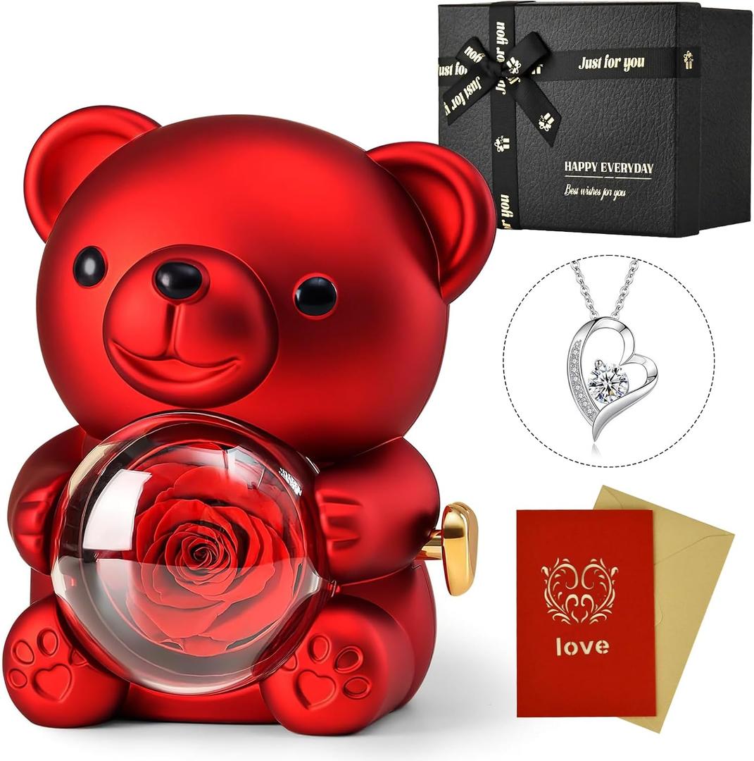 Jibeufi Teddy Bear with Preserved Rose, Flower Forever in Bear with Necklace and Elegant Gift Box for Women, Romantic Bear Roses Gifts for Valentines Mothers Day Anniversary Day Birthday (Red)