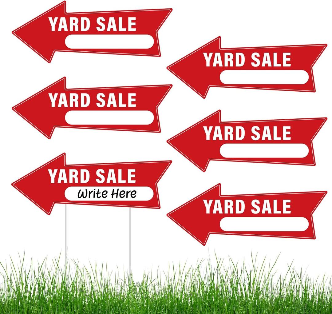6 PCS Yard Sale Signs 14.4 x 5.6 Inches Yard Sale Arrows Sign with Stakes Double Sided Weatherproof Sale Sign for Outdoor Yard Sale Supplies Red and White