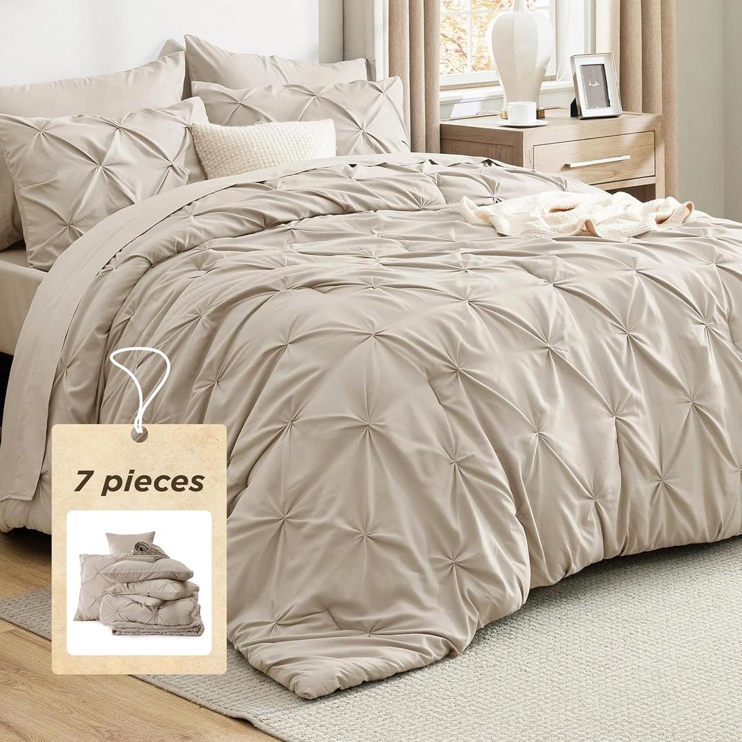 Bedsure Queen Comforter Set Beige - Bed in a Bag Queen Size Bedding 7 Pieces, GentleSoft Pintuck Bed Set Gift for Family, Pinch Pleat All Season Comforter with Sheets, Pillowcases & Shams