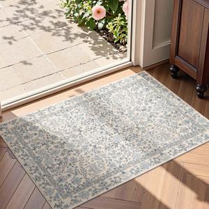 jinchan 2x3 Washable Entryway Area Rug, Floral Non-Slip, Blue/Cream | Soft Low-Pile, Small Botanical Throw Carpet, Indoor Kitchen Door Mat for Front Door Entrance Bathroom
