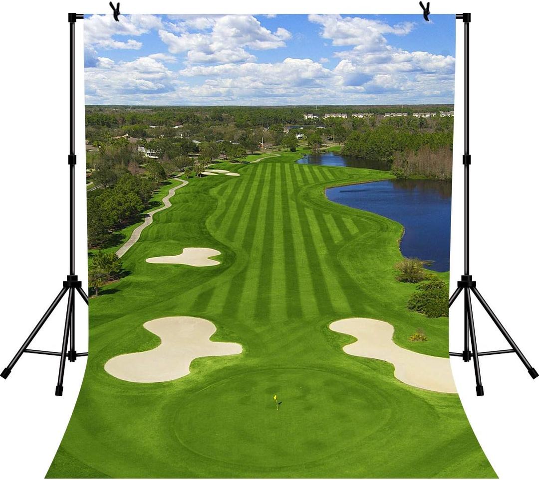 5x7ft Golf Course Backdrop Blue Sky White Clouds and Bunker Green Grass Backgrounds for Photography LYZY0798