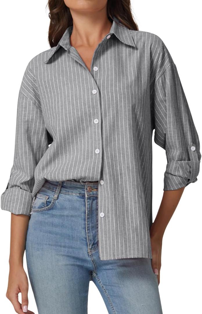 QINSEN Oversized Button Down Shirts for Women Long Sleeve Striped Casual Blouse Cotton Tops (X-Large, Dove)