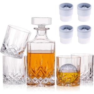 Crystal Whiskey Decanter Set In Gift Box - Includes 4 Crystal Whiskey Glasses and 4 Big Ice Ball Molds - Unique Whiskey Gift for Men