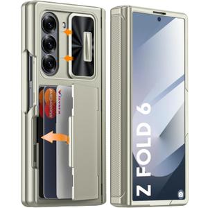 Vizvera for Samsung Galaxy Z Fold 6 Case RFID Wallet with Cards Holder [Hinge Cover] [Camera Cover] Shockproof Silicone Protective Phone Case for Z Fold 6 2024-Natural Titanium