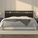 Wooden Headboard with Storage, USB Ports RGB Wall Mount (Black, Queen)
