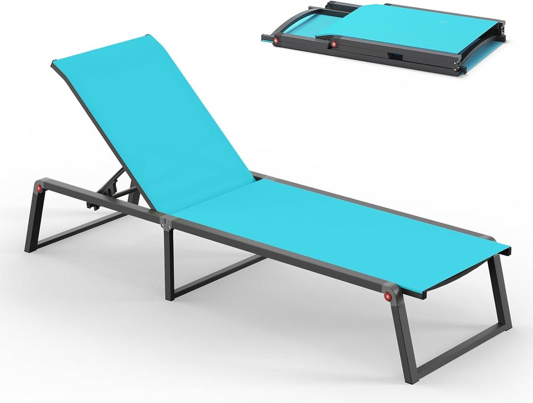 Aluminum Chaise Lounge Chair Outdoor, Foldable& No Assembly Patio Pool Lounge Chairs 5-Position Recliner for Outside, Fully Grounded Legs Sun Lounger for Poolside, Lake Blue
