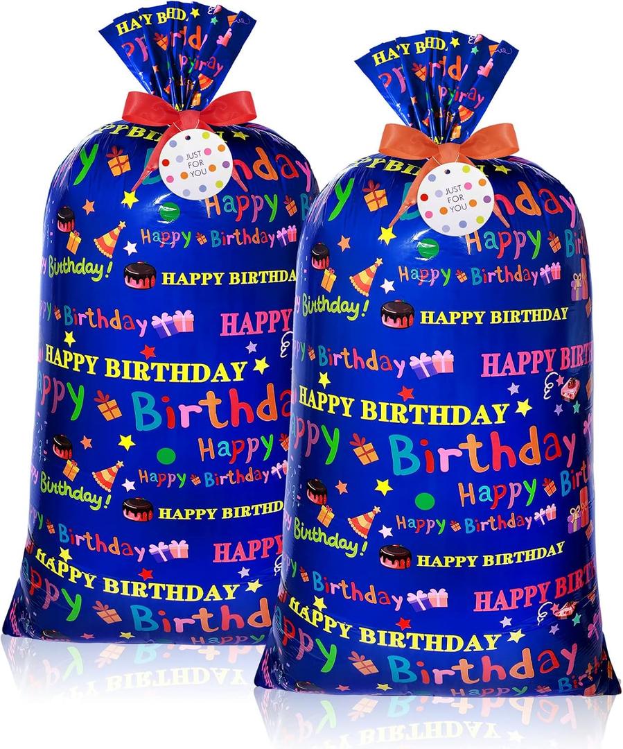 Teling 2 Pcs 70"x 40" Extra Large Jumbo Gift Bags Plastic Present Giant Wrapping Bags with 2 Cord Tie and 2 Gift Tags for Birthday Party Supplies(Birthday Style)