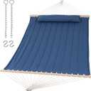 SUNCREAT Double Outdoor Hammock with Hardwood Spreader Bar, Extra Large Pillow, 475 lbs Capacity, Heavy Duty 2 Person Hammock, Blue
