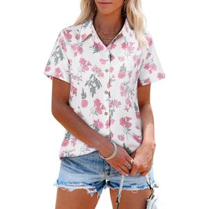 siliteelon Womens Button Down Shirts Short Sleeve Summer Linen V Neck Collared Hawaiian Floral Print Casual Blouse Tops (XS)