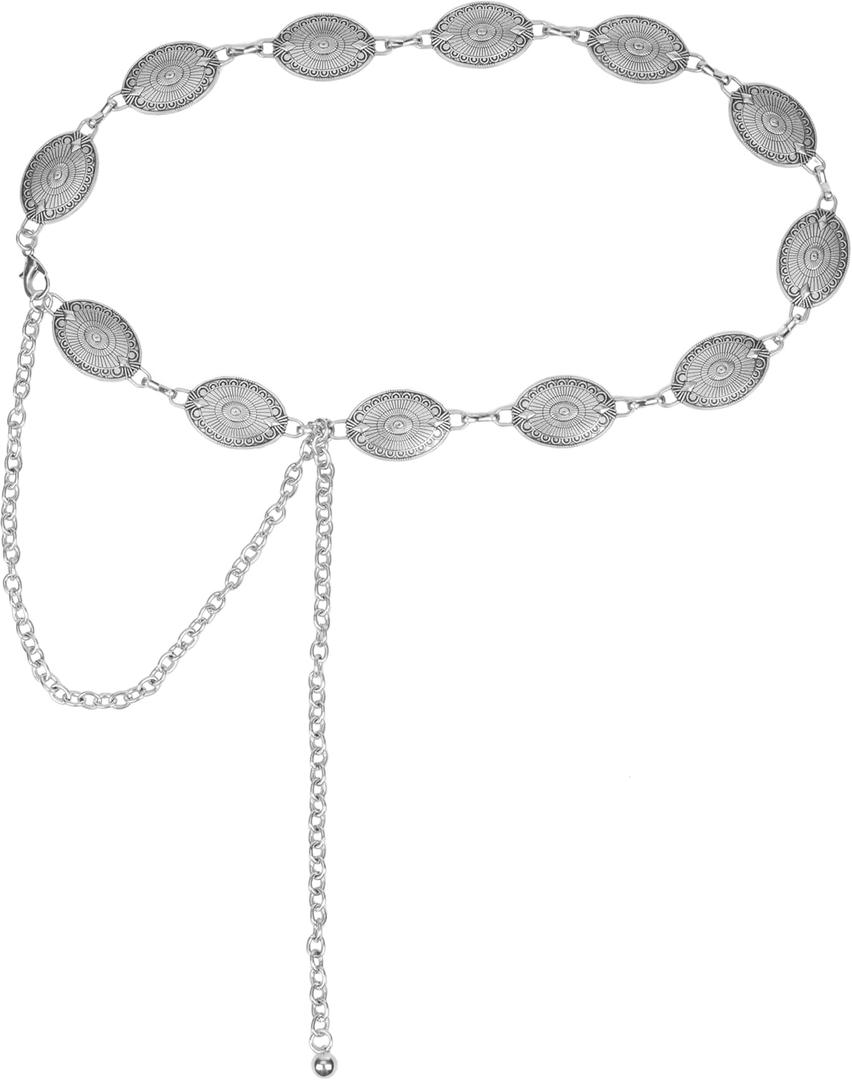 WAYLIT Western-Concho-Belt-Women Cowgirl-Metal-Belts Boho Silver Vintage Turquoise Chain Belt for Dress Jeans