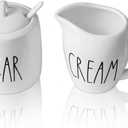 Sugar and Creamer Set, Cream Container and Sugar Holder Set for Coffee Bar, Farmhouse Sugar Bowl with Lid and Spoon, Ceramic Sugar Dispenser and Creamer Pitcher Set for Countertop (White)