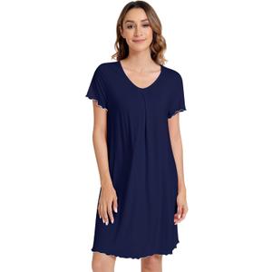 NACHILA Women's Nightgowns-Viscose Made from Bamboo, Soft Short Sleeve Nightgowns Comfy V Neck Night Shirt Cooling Sleepwear Navy Blue X-Large