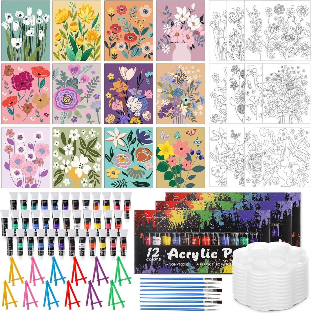 Sherr 108 Pcs 12 Set Flower Sip and Paint Kit for Adults 8''x10'' Pre Drawn Canvas to Paint DIY Acrylic Painting Kit Pre Printed Canvas for Date Night Mother's Day Party Team Building