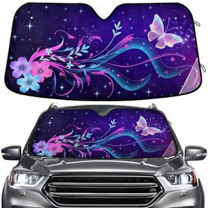 Fantasy Butterfly Flowers Windshield Sun Shade for Car Auto SUV Truck Foldable Front Window Sunshade Sun Visor Protector Block UV Rays Reflect Heat, 55" x 28"