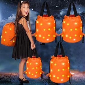 Yeyeplum 3 Pcs Halloween Light up Bucket Kids LED Trick or Treat Drawstring Bags Multipurpose Reusable Candy Goodies Snack Bucket for Halloween Supplies Favors(Orange)
