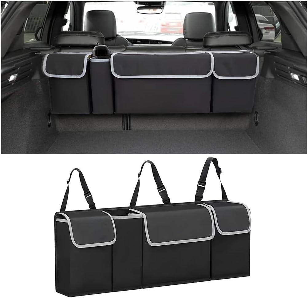 AUCELI Car Trunk Organizer, Backseat Hanging Large Storage with Adjustable Straps, Waterproof Collapsible Cargo Bag with 4 Pockets, Sturdy Space Saver Frees Trunk Floor for SUV, Truck, MPV (Black)