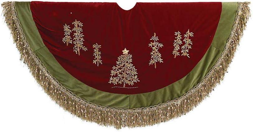 Kurt Adler 50-Inch Burgundy Ribbon Trees Tree Skirt with Green Tassel Border