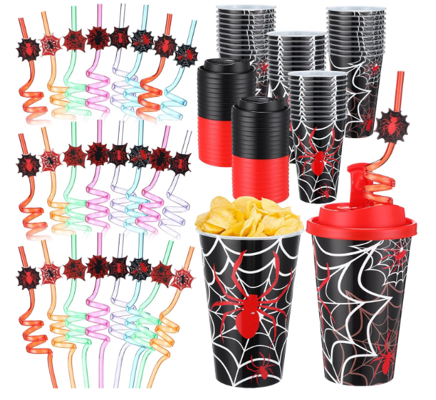 Yungyan 24 Sets Spider Party Favors Goodie Cups with Lids and Straws for Halloween Party Decorations Reusable 16oz Plastic Candy Cups Plastic Straws for Birthday Gift (Spider)