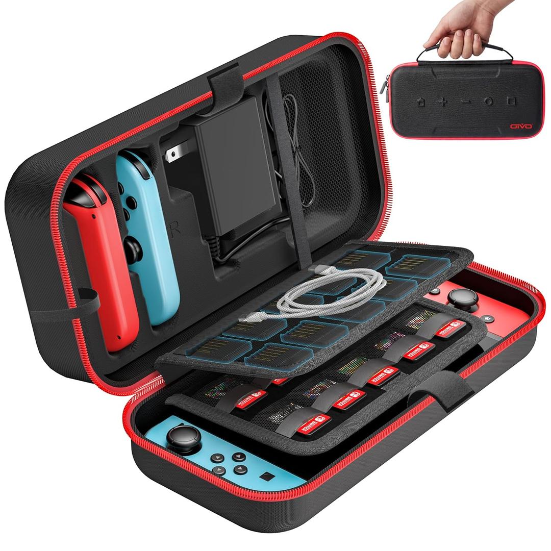 Switch Carrying Case Compatible with Nintendo & OLED, Portable Switch Travel Carry Case Fit for Joy-Con and Adapter, Hard Shell Protective OLED Pouch Bag with 20 Games, Red Wii Accessory Kits