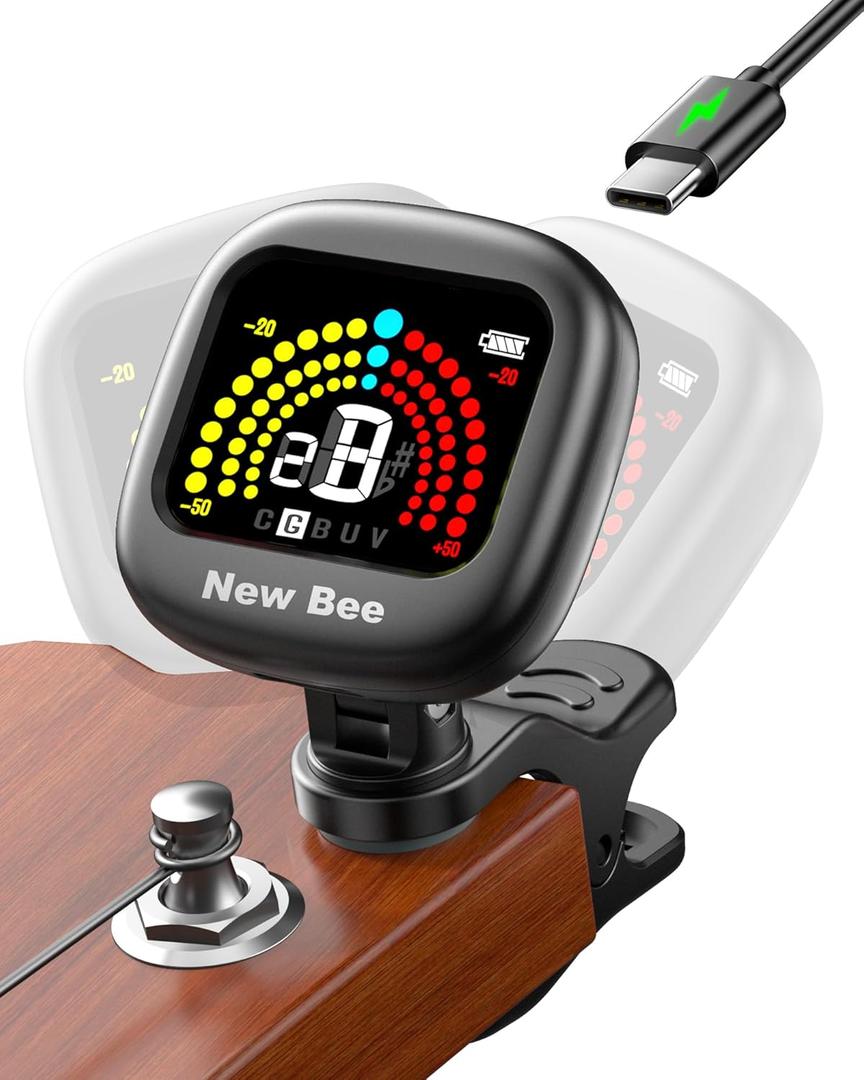 New Bee Guitar Tuner Rechargeable, 360° Rotatable Clip On Tuner with Color Screen, Fast & Accurate Chromatic Tuning for Guitar, Bass, Ukulele, Violin, Cello
