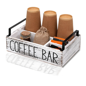 LYJWOO6D Coffee Station Organizer Pod Holder Wooden Bar Accessories for Countertop,Farmhouse with Handle,Coffee Decor Rustic White