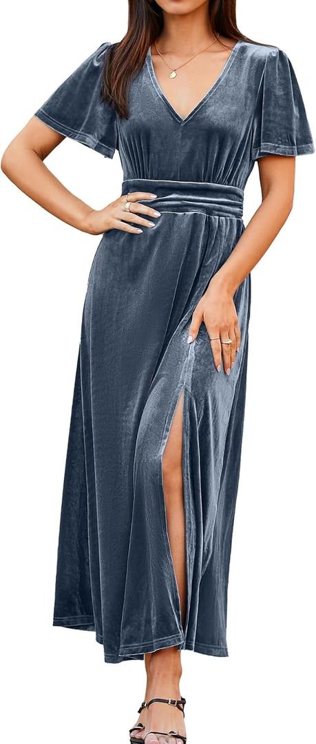 Simplee Women's Velvet Maxi Dress V Neck Short Sleeve Empire Waist Semi Formal Long Cocktail Dresses (Blue)