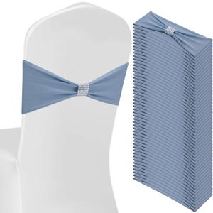 Moukeren 50 pcs Spandex Chair Sashes Bows Stretch Chair Covers Bands with Slider Buckles Universal Elastic Seat Ribbons for Wedding Party Events Ceremony Birthday Banquet (Dusty Blue)