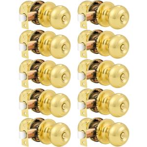 Probrico 10 Pack Privacy Door Knobs Lock Interior Bedroom Bathroom Door Handle Polished Brass Round Ball Keyless Lockset