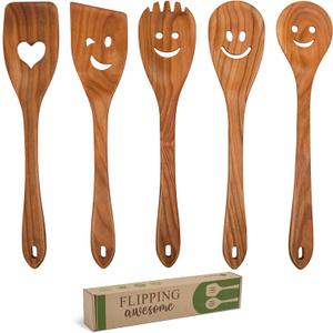 MFC 5-Piece Wooden Cooking Spoons - Kitchen Spatula Set from Natural Cherry Wood - Wooden Spoons for Cooking - Funny Utensil Set with Smiley Faces - Cooking Multipurpose Wood Utensils
