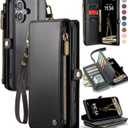 Defencase Compatible with iPhone 16 Plus Case Wallet with RFID Blocking Card Holder for Women Men, Soft PU Leather Magnetic Snap Flip Zipper Strap Wallet Phone Case Fit for iPhone 16 Plus 6.7", Black