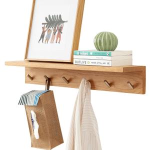 Wall Hooks with Shelf Oak Wood Coat Rack Shelf Wall Mounted, Entryway Shelves with 6 Metal Hangers for Clothes Hats Towel for Bathroom, Bedroom, Living Room (Natural, 27.5 inches)