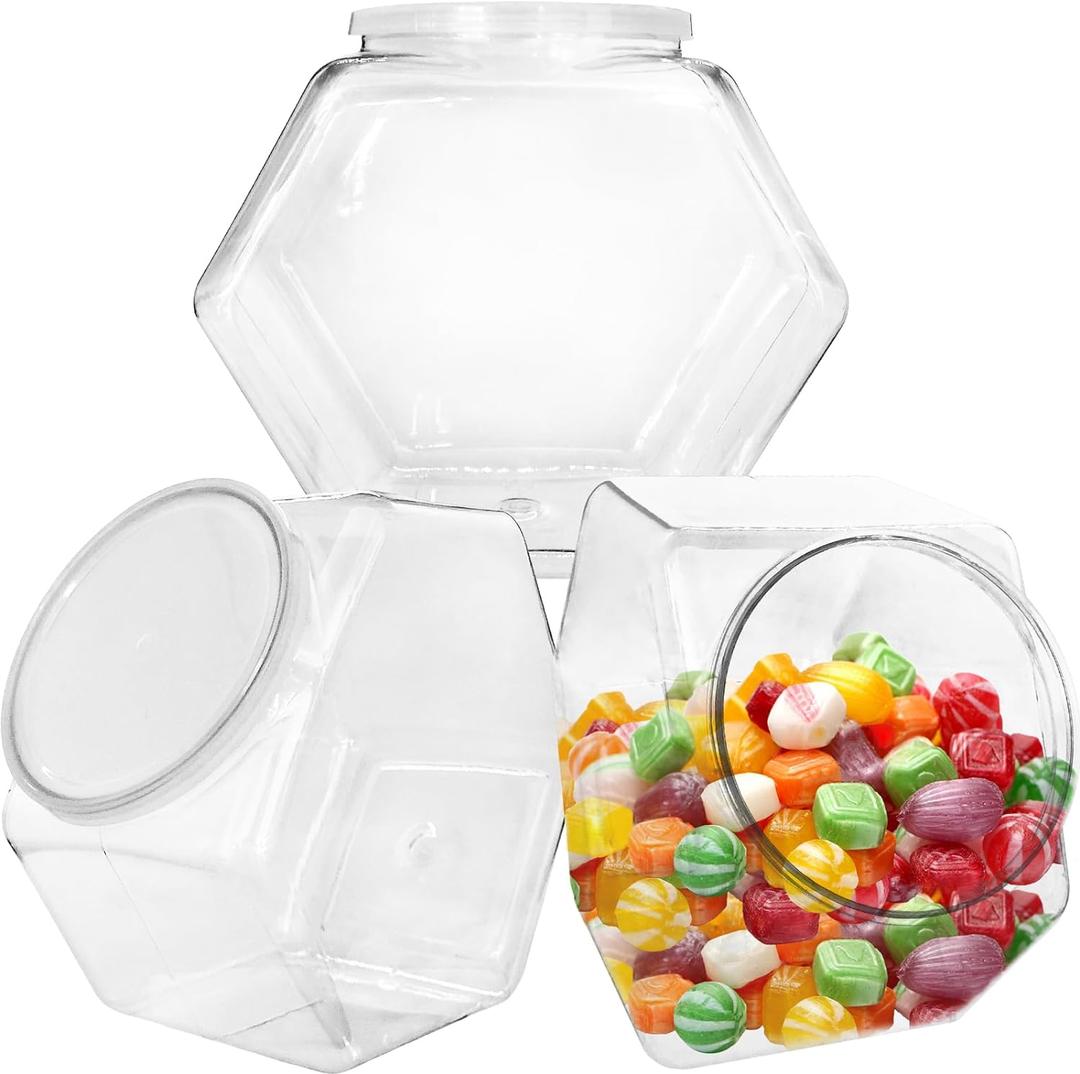 3 Pcs Plastic Candy Jars, Clear Cookie Jars 71 Oz for Kitchen Counter, Hexagon Cookie Jars with Lids, Plastic Dry Food Jar for Candy Buffet