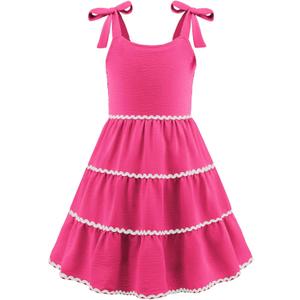 Arshiner Girls Summer Sleeveless Bow-Tie Straps Sundress Flowy Smocked Backless Tiered Lace Swing Midi Dress with Pockets Pink 12