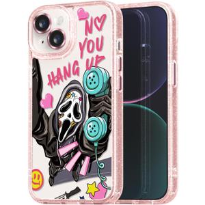 Compatible for iPhone 15 Case Cute Aesthetic - Glitter Pink Phone Case with Camera Protector - Girly Scream Skeleton Skull Pattern Print Cover with Wrist Strap Design for Woman Girl 6.1"
