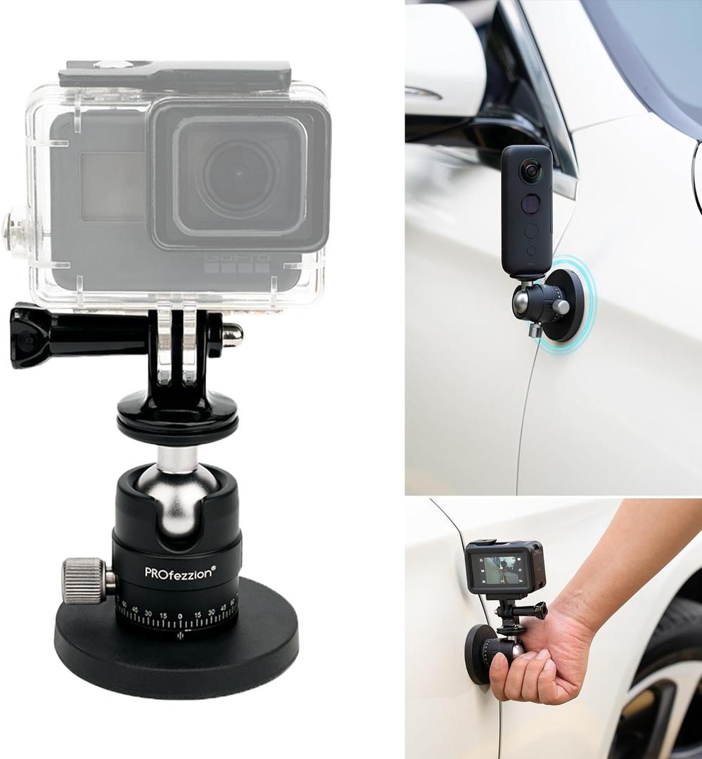 PROfezzion Magnetic Mount for GoPro, Strong Manget Base with Detachable 360 Rotation Ball Head for GoPro Hero 13/12/11/10/9/8/7/6, Insta360 X5/X4/X3/Ace/Ace Pro, DJI Osmo Action 5/4/3 Action Cameras