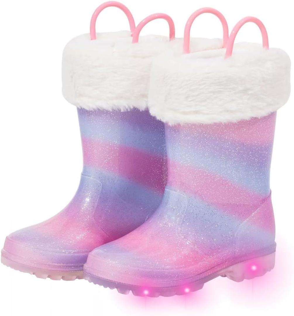 Toddler Rain Boots Kids Light up Snow Boots Boys Girls Waterproof Winter Boots with Removable Warm Lining (Pink&purple With Socks)