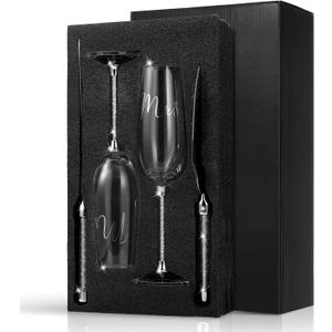 3 Piece Wedding Cake Knife and Champagne Flutes Server Set Mr and Mrs Toasting Flutes Crystal Rhinestone Cake Cutting Set for Bride and Groom Wedding Engagement Bridal Shower Gifts(Silver)