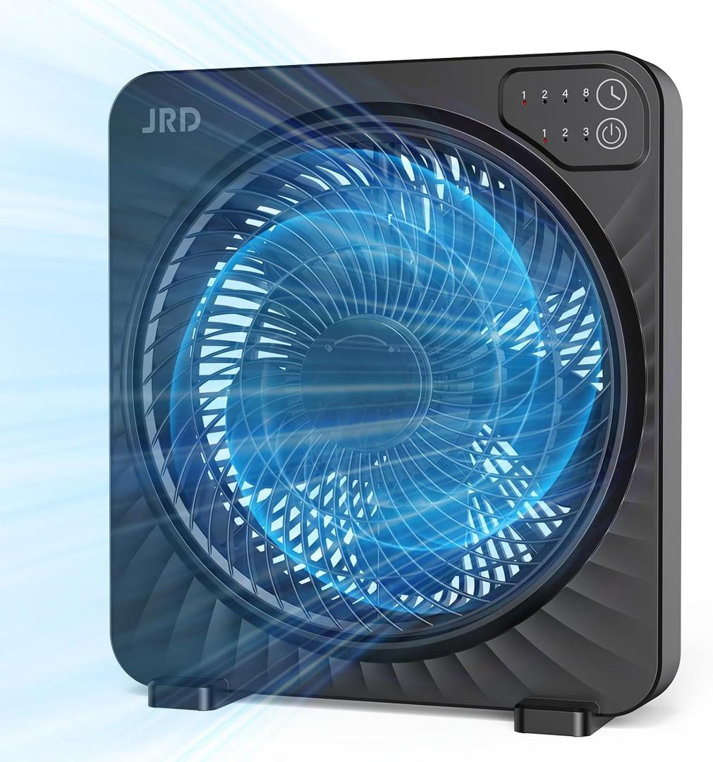 JRD 13" Box Fan with Powerful Airflow, Quiet Cooling Desk Fan with Digital Touch Screen, 3 Speeds, 5 Blades, 15h Timer, Portable Table Fan for Bedroom Office Home Kitchen, Black