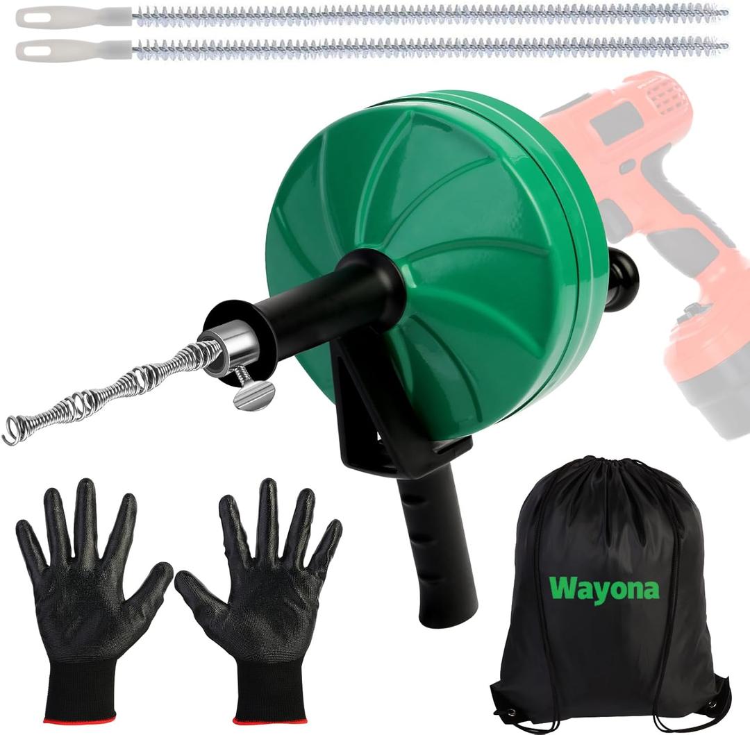Wayona Drain Snake 50 FT, Plumbing Snake for Sink Snake Drain Clog Remover, Drain Snake with Drill Attachment with Bag Gloves Cleaning Brush, Manual or Powered Used, Not Automatic(50 FT - 1/4 inch)