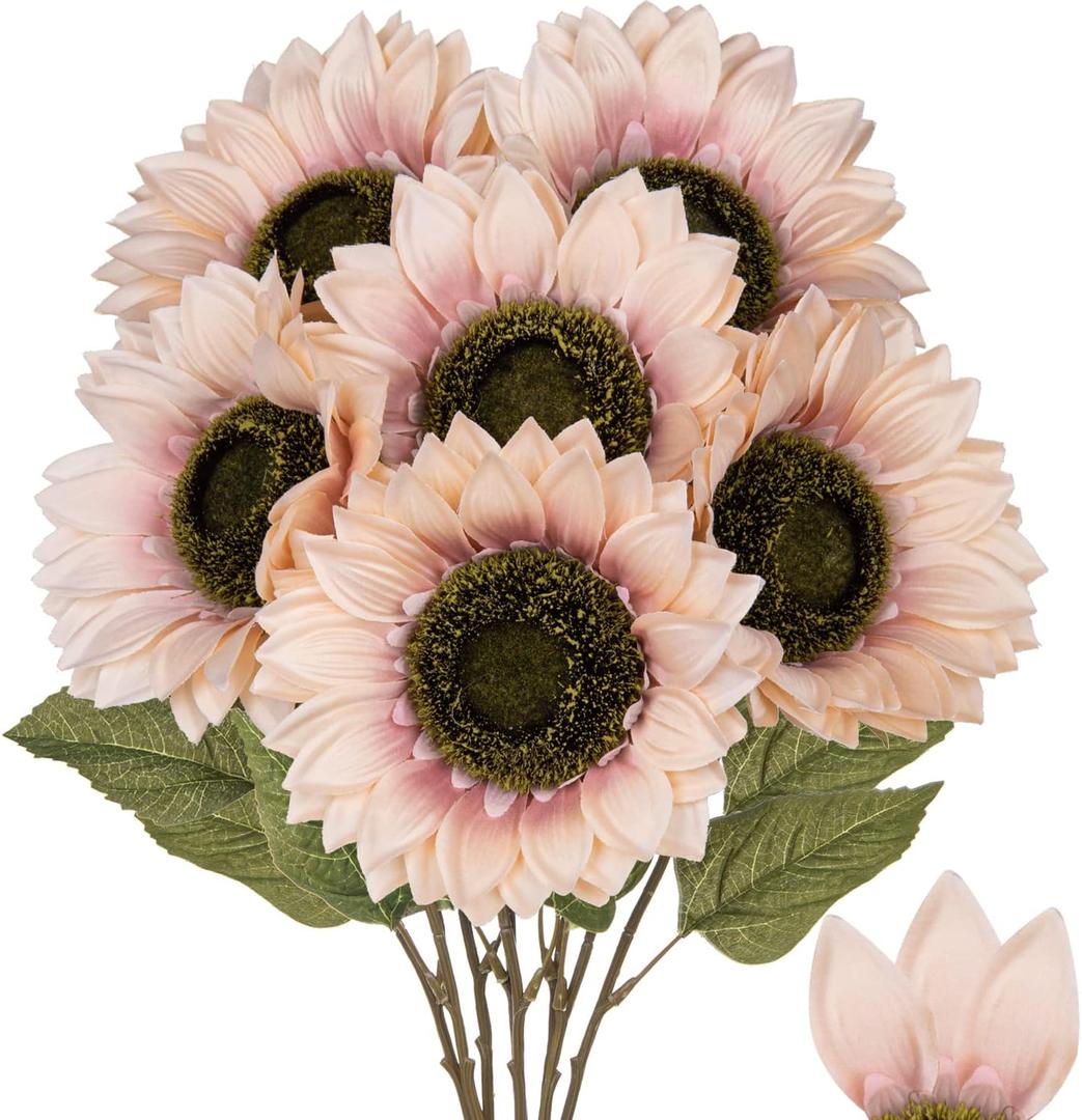 Large Silk Pink Sunflowers Artificial Flowers 26" Long Stem Artificial Sunflower 6 Pcs Tall Fake Sun Flowers Vintage Faux Sunflowers Bulk with Stem for Home Wedding Birthday Party Decor