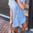 Zilcremo Women Denim Shirt Dresses Short Sleeve Distressed Jean Dress Button Down Casual Tunic Top (Blue, XXL)