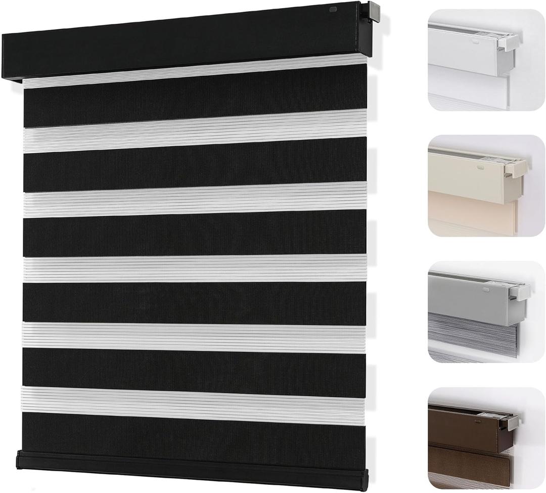 Joydeco No Drill Zebra Blinds for Windows, Cordless Day & Night Dual Sheer Roller Shades, Easy Installation, Free-Stop Lift System, Light Filtering Privacy Blinds for Home(Black,34" W x 75" H)