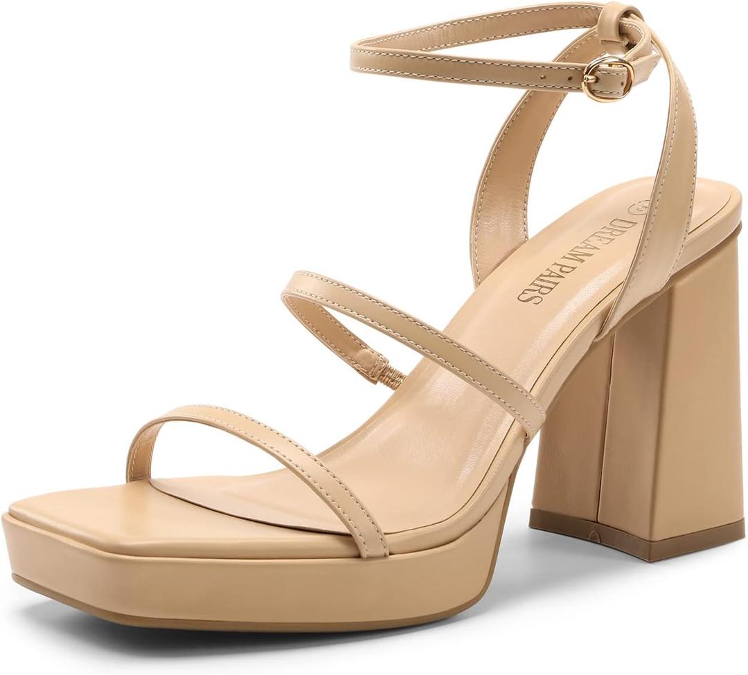 DREAM PAIRS Women's Platform Strappy Heels Open Toe Ankle Strap Square Party Sandals Y2K Dress Shoes (7.5, Nude)