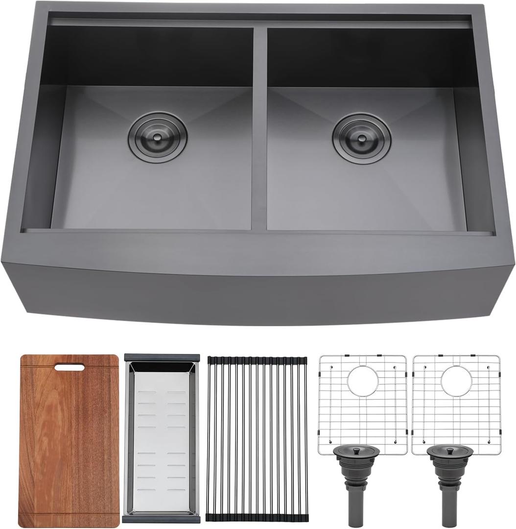 VCCUCINE 33 Inch Gunmetal Black Double Farmhouse Sink, 33X22 Double Bowl Undermount Farmhouse Kitchen Sink, 16 Gauge 50/50 Stainless Steel Apron Front Farm Sink, Workstation Sink With Accessories