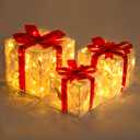 JOIEDOMI Christmas Lighted Gift Boxes, Light Up Christmas Decorations Set of 3 Transparent Present Boxes, Xmas Boxe Light with LED Warm White for Indoor Porch Patio Holiday Xmas Eve Night Dcor