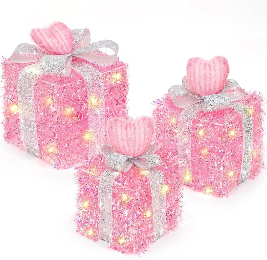 Timer & 8 Mode 3 Pack Pink Valentines Decorations Valentines Lighted Gift Boxes with Hearts Glitter Bow 60 LED Battery Operated Present Box Tree Skirt Pink Decor Room Wedding Valentines Gifts